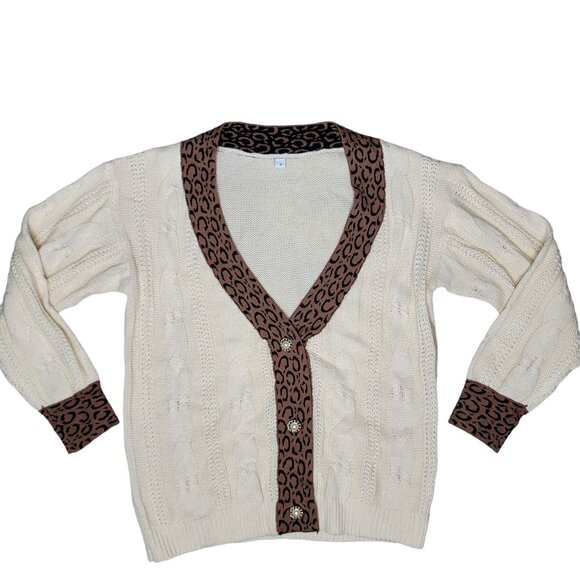 Vintage-Style cable Knit Cardigan With Leopard Print Trim Pearl Buttons S brown - Picture 2 of 5